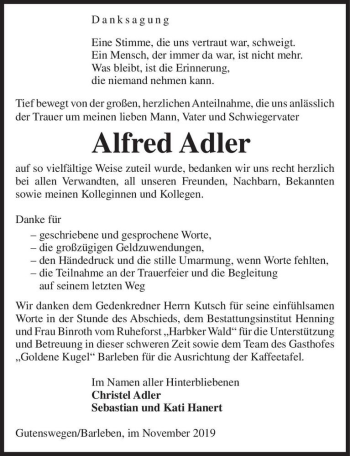 Traueranzeige von Alfred Adler  von Magdeburger Volksstimme