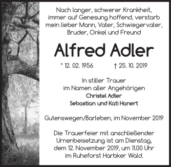 Traueranzeige von Alfred Adler  von Magdeburger Volksstimme