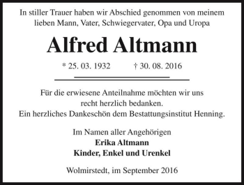 Traueranzeige von Alfred Altmann  von Magdeburger Volksstimme