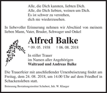 Traueranzeige von Alfred Balke  von Magdeburger Volksstimme