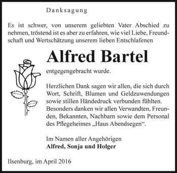 Traueranzeige von Alfred Bartel  von Magdeburger Volksstimme