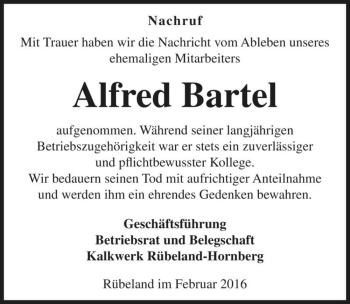 Traueranzeige von Alfred Bartel  von Magdeburger Volksstimme