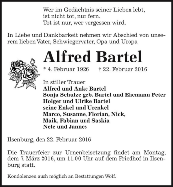 Traueranzeige von Alfred Bartel  von Magdeburger Volksstimme
