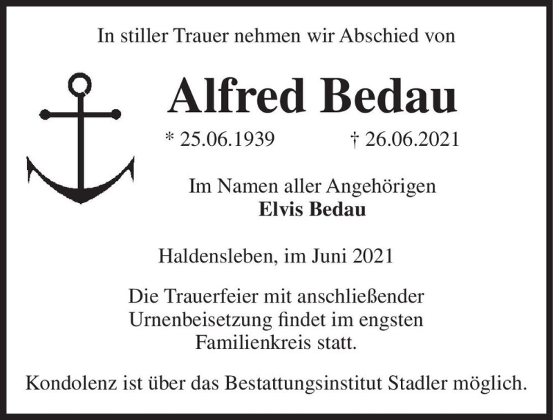  Traueranzeige für Alfred Bedau  vom 03.07.2021 aus Magdeburger Volksstimme