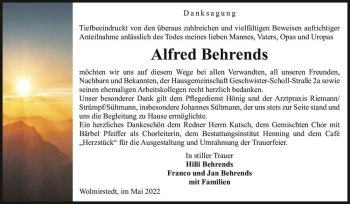 Traueranzeige von Alfred Behrends  von Magdeburger Volksstimme