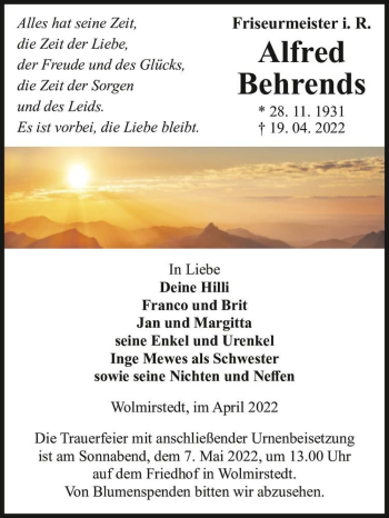 Traueranzeige von Alfred Behrends  von Magdeburger Volksstimme