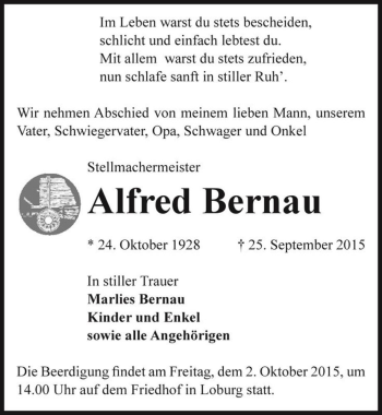 Traueranzeige von Alfred Bernau  von Magdeburger Volksstimme
