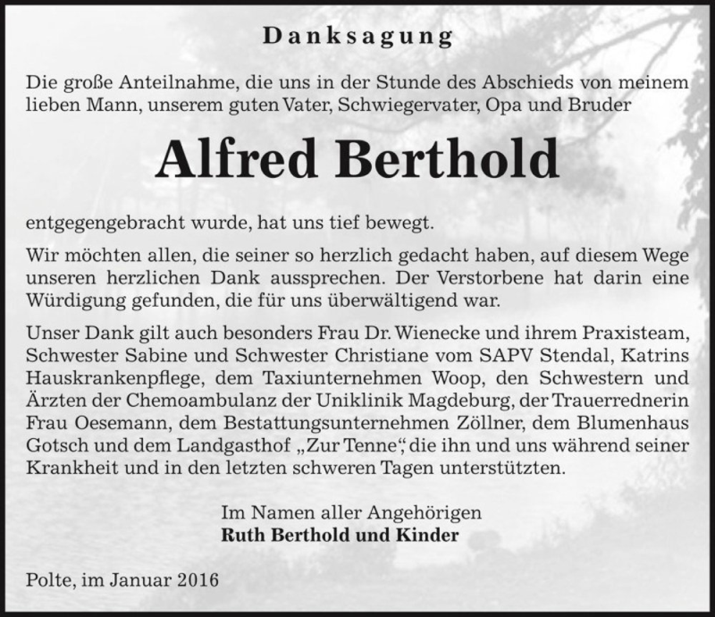  Traueranzeige für Alfred Berthold  vom 30.01.2016 aus Magdeburger Volksstimme