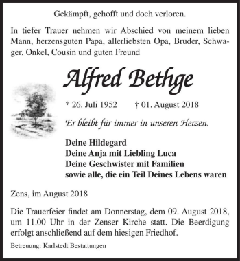 Traueranzeige von Alfred Bethge  von Magdeburger Volksstimme
