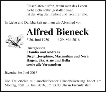 Traueranzeige von Alfred Bieneck  von Magdeburger Volksstimme