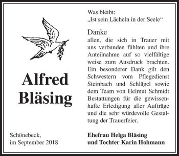 Traueranzeige von Alfred Bläsing  von Magdeburger Volksstimme