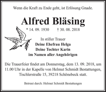 Traueranzeige von Alfred Bläsing  von Magdeburger Volksstimme