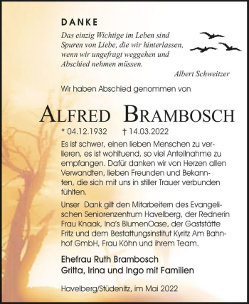Traueranzeige von Alfred Brambosch  von Magdeburger Volksstimme