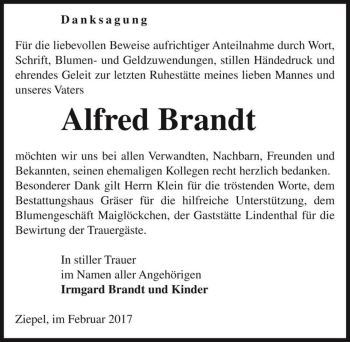 Traueranzeige von Alfred Brandt  von Magdeburger Volksstimme