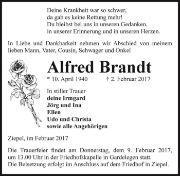 Traueranzeige von Alfred Brandt  von Magdeburger Volksstimme