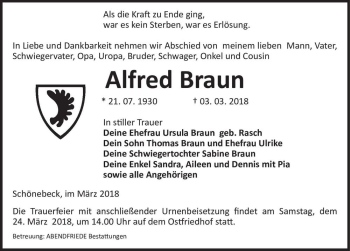 Traueranzeige von Alfred Braun  von Magdeburger Volksstimme