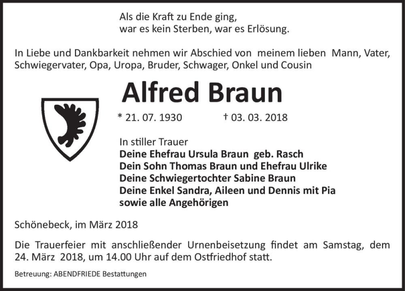  Traueranzeige für Alfred Braun  vom 10.03.2018 aus Magdeburger Volksstimme