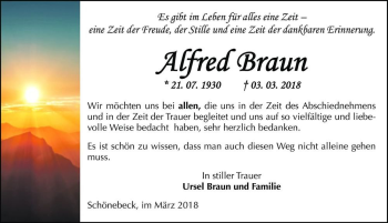 Traueranzeige von Alfred Braun  von Magdeburger Volksstimme