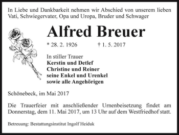 Traueranzeige von Alfred Breuer  von Magdeburger Volksstimme