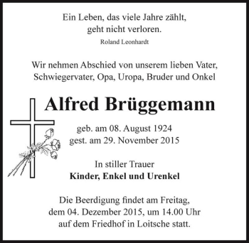 Traueranzeige von Alfred Brüggemann  von Magdeburger Volksstimme