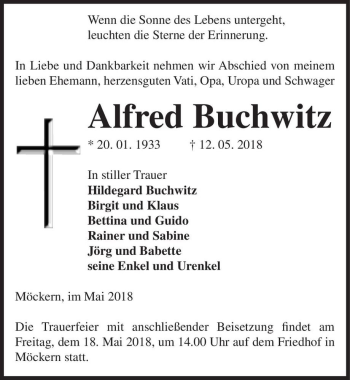 Traueranzeige von Alfred Buchwitz  von Magdeburger Volksstimme