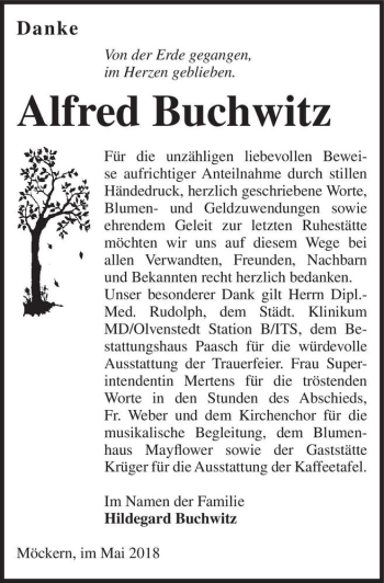 Traueranzeige von Alfred Buchwitz  von Magdeburger Volksstimme