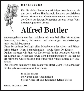 Traueranzeige von Alfred Buttler  von Magdeburger Volksstimme
