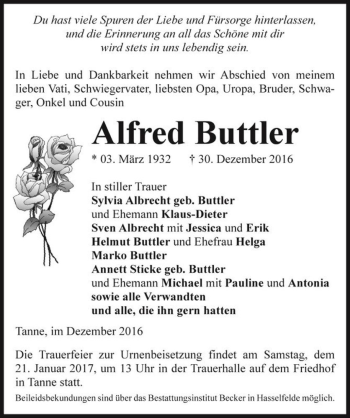 Traueranzeige von Alfred Buttler  von Magdeburger Volksstimme