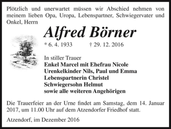Traueranzeige von Alfred Börner  von Magdeburger Volksstimme