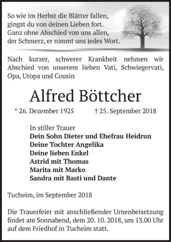 Traueranzeige von Alfred Böttcher  von Magdeburger Volksstimme