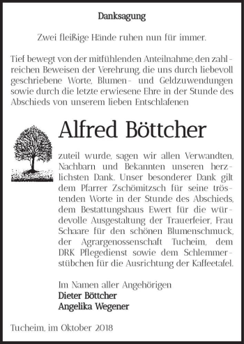 Traueranzeige von Alfred Böttcher  von Magdeburger Volksstimme