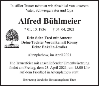 Traueranzeige von Alfred Bühlmeier  von Magdeburger Volksstimme