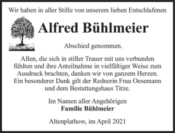 Traueranzeige von Alfred Bühlmeier  von Magdeburger Volksstimme