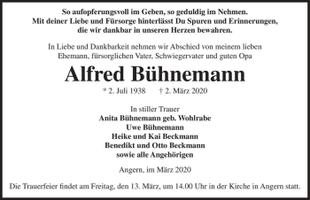 Traueranzeige von Alfred Bühnemann  von Magdeburger Volksstimme