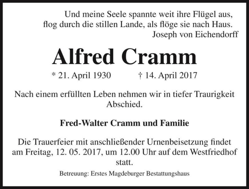  Traueranzeige für Alfred Cramm  vom 29.04.2017 aus Magdeburger Volksstimme