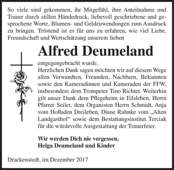 Traueranzeige von Alfred Deumeland  von Magdeburger Volksstimme