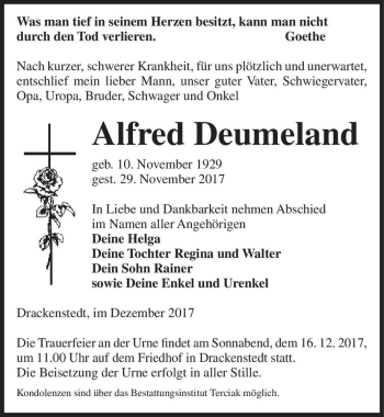 Traueranzeige von Alfred Deumeland  von Magdeburger Volksstimme