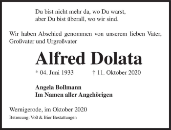 Traueranzeige von Alfred Dolata  von Magdeburger Volksstimme