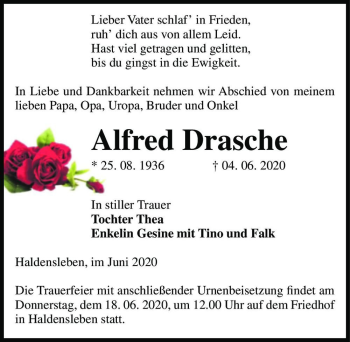 Traueranzeige von Alfred Drasche  von Magdeburger Volksstimme