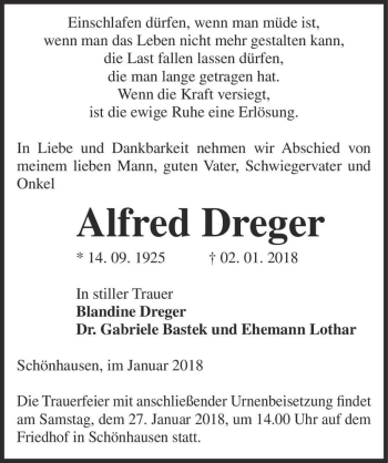 Traueranzeige von Alfred Dreger  von Magdeburger Volksstimme