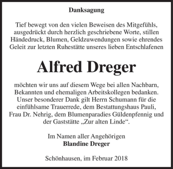 Traueranzeige von Alfred Dreger  von Magdeburger Volksstimme