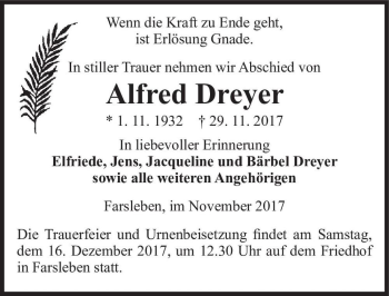 Traueranzeige von Alfred Dreyer  von Magdeburger Volksstimme