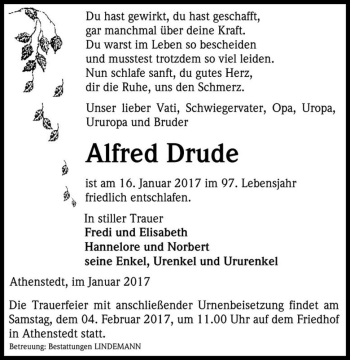 Traueranzeige von Alfred Drude  von Magdeburger Volksstimme