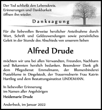 Traueranzeige von Alfred Drude  von Magdeburger Volksstimme