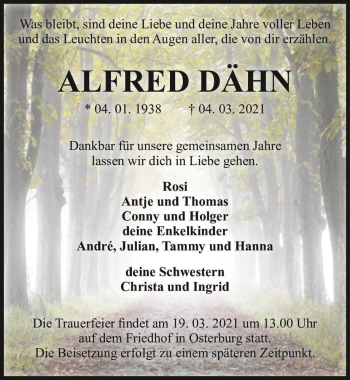 Traueranzeige von Alfred Dähn  von Magdeburger Volksstimme