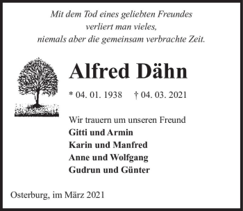 Traueranzeige von Alfred Dähn  von Magdeburger Volksstimme