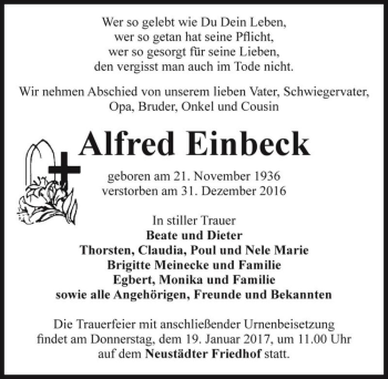 Traueranzeige von Alfred Einbeck  von Magdeburger Volksstimme