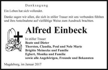 Traueranzeige von Alfred Einbeck  von Magdeburger Volksstimme