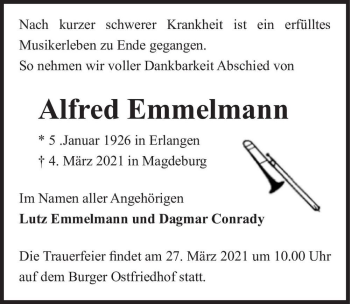 Traueranzeige von Alfred Emmelmann  von Magdeburger Volksstimme