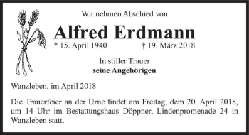 Traueranzeige von Alfred Erdmann  von Magdeburger Volksstimme
